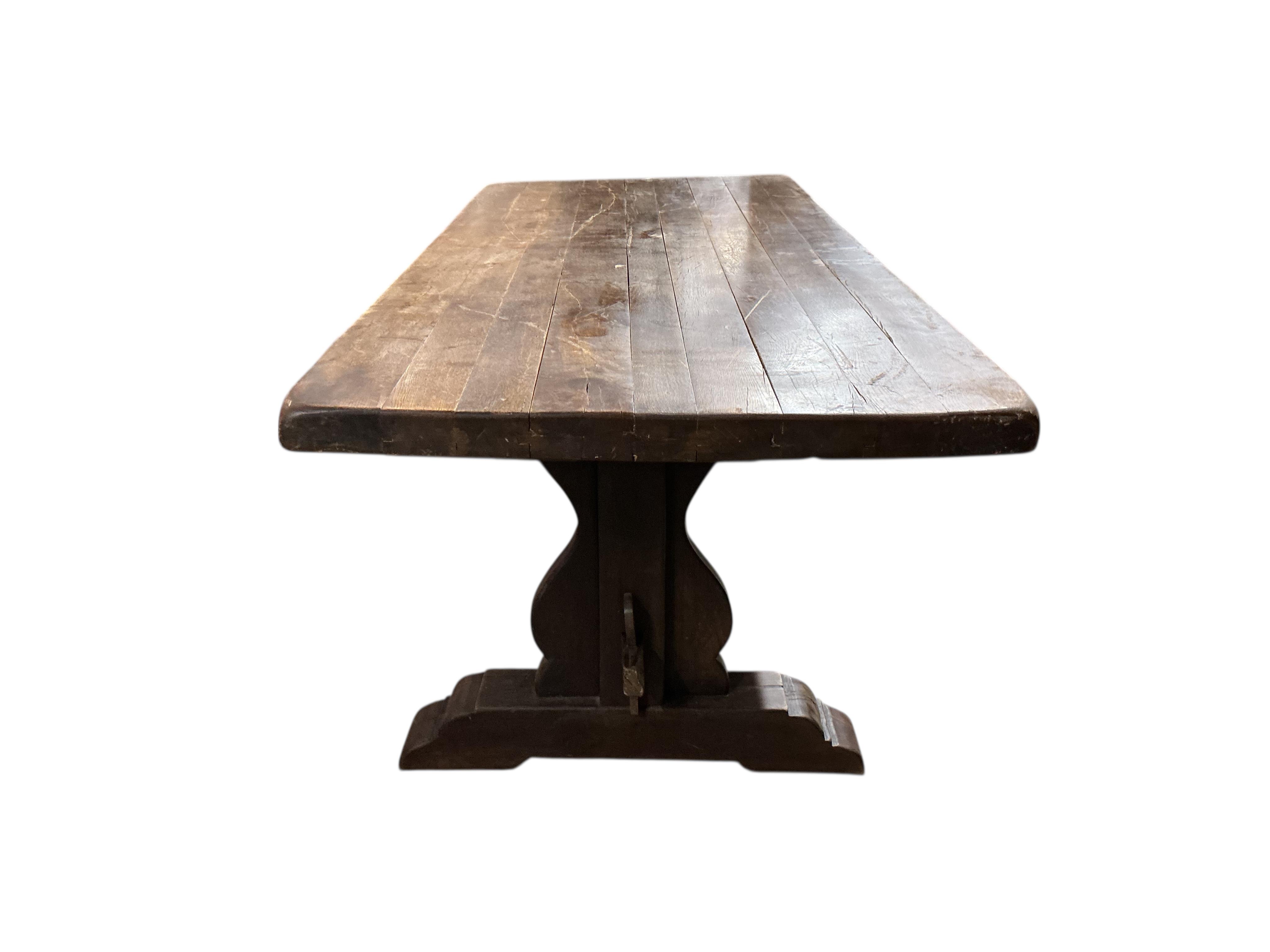 An 18th century style rectangular oak refectory dining table, width 214cm, depth 88cm, height 76cm